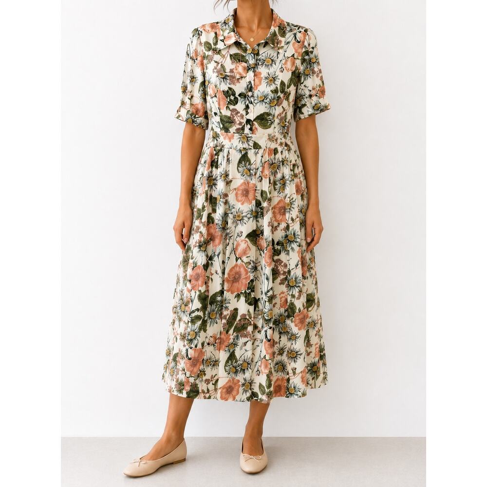Ivy City Co Cream Floral Midi Dress with Pink and Green Accents